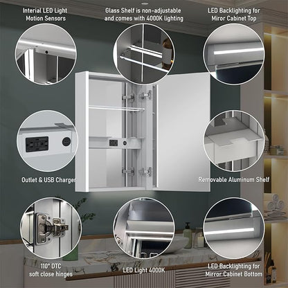 WELLFOR 20" x 30" LED Mirrored Bathroom Cabinet, Mirror Medicine Cabinet with Lights, Defogging LED Mirror Cabinet with Outlets & USB Ports, Surface Mounted, Right Opening Door, Hardwired Connected