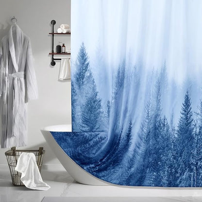 ORTIGIA 84 Inch Long Blue Misty Forest Shower Curtain for Bathroom, Nature Woodland Shower Curtain Set with Hooks, Decorative Pine Tree Fog Magic Bath Curtain, Waterproof Fabric, Weighted, 72x84