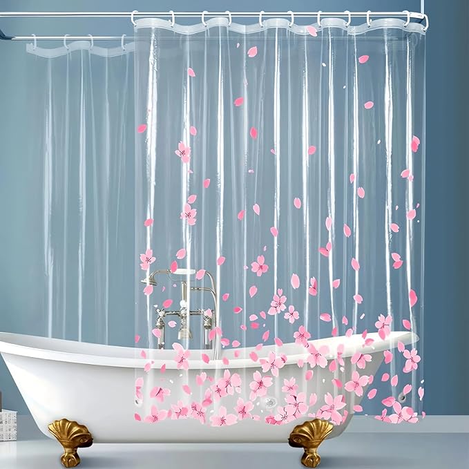 Clear Pink Floral Shower Curtain Liner, Cute Plastic Transparent Cherry Blossom Shower Curtain, Girly Flower Petals Spring Shower Curtains for Bathroom, 72x78 Shower Curtain Set with Magnets 12 Hooks