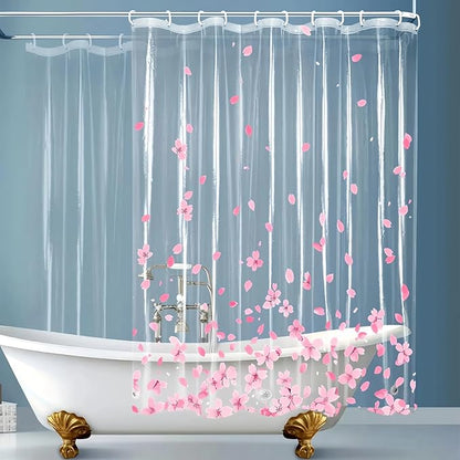 Clear Pink Floral Shower Curtain Liner, Cute Plastic Transparent Cherry Blossom Shower Curtain, Girly Flower Petals Spring Shower Curtains for Bathroom, 72x72 Shower Curtain Set with Magnets 12 Hooks