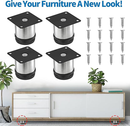 2.5 Inch Metal Furniture Legs Stainless Steel Adjustable Legs Silver Table Legs Round Cabinet Legs for Coffee Table Cabinet Desk Sofa Shelves, Pack of 4