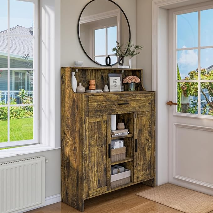Storage Cabinet with Doors and Drawers, Kitchen Storage Cabinet with 1 Large Drawer,2 Doors,and 2 Adjustable Shelves,for Bathroom/Kitchen/Living Room/Entrance Hall (Retro Color)