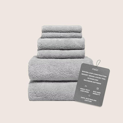 Italic Ultraplush 100% Australian Cotton Towels Standard 6 Piece Set, 2 Bath, 2 Hand, 2 Washcloths, 800GSM Lightweight, Highly Absorbent Quick Dry Soft Resort Grade Towels (Light Gray)
