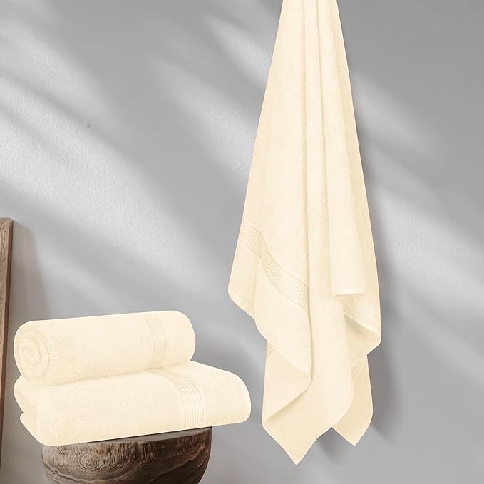 Elvana Home Cotton 2 Pack Oversized Bath Towel Set 28x55 inches, Large Bath Towels, Ultra Absorbant Compact Quickdry & Lightweight Towel, Ideal for Gym Travel Camp Pool - Ivory