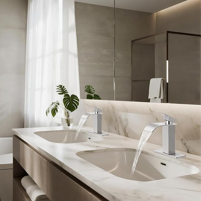Bathroom Faucets Brushed Nickel Waterfall Bathroom Sink Faucet Modern Single Handle Bathroom Faucet for 1 or 3 Hole Mxier Tap Washbasin Faucet with Deck, Pop-up Drain and Supply Hoses 2 Pack
