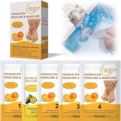 Epsom Salt Soak, Callus Remover Gel, Extreme Sugar Scrub, Collagen Mask & Shea Butter Lotion – Professional Spa Foot Care System 5 Step Luxury Pedicure Kit. Orange 12 Set