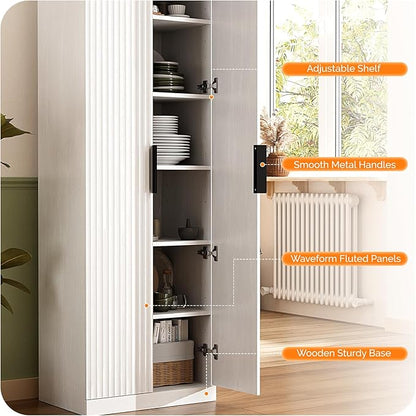 VINGLI 70" Modern Pantry Cabinet with Fluted Doors, 5 Adjustable Shelves, Tall Storage Solution for Kitchen, Dining Room, or Living Room, White