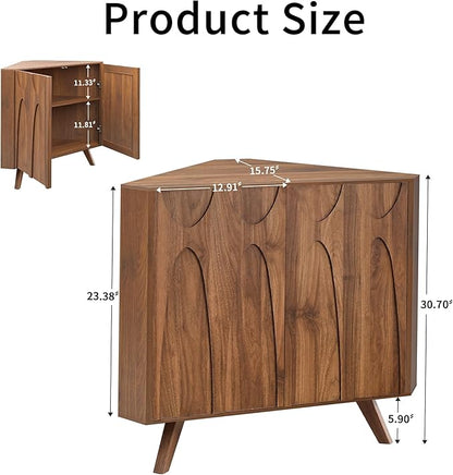 Small Corner Cabinet,Corner Floor Cabinet with Adjustable Doors and Shelve, Freestanding Narrow Storage Organizer for Kitchen Living Room Bathroom (Walnut)