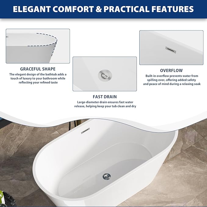 Sarlai 59 Inch Acrylic Freestanding Soaking Bathtub Contemporary Soaking White Tub Stand Alone Ergonomic Bathtub with Chrome Overflow and Drain