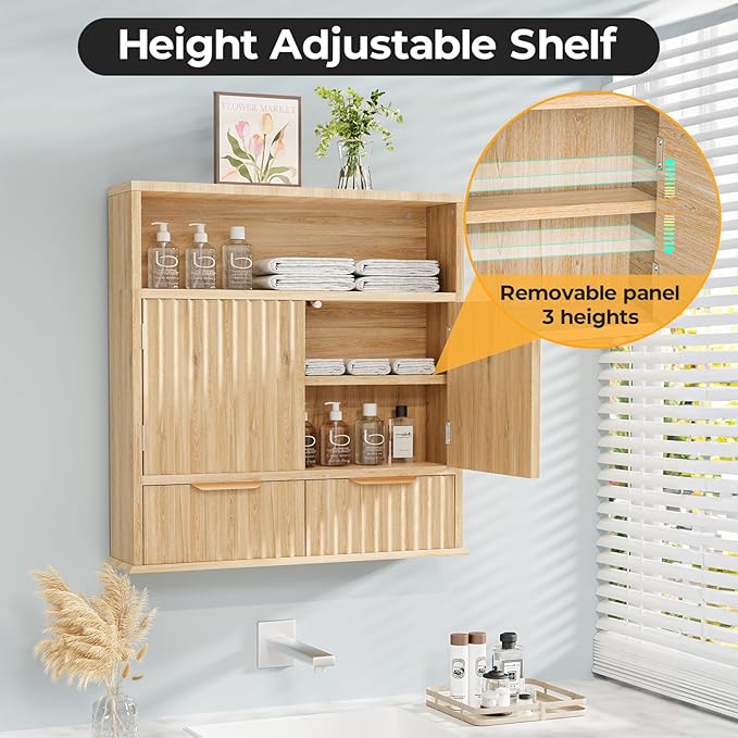 Bathroom Wall Cabinet, Wall Mounted Medicine Cabinet with Drawers, Modern Farmhouse Storage Cabinet with with Adjustable Wood Shelf & Doors for Bathroom, Kitchen, Laundry Room (Natural Oak)