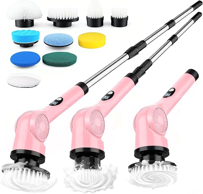 Electric Spin Scrubber, 3-Speed Cordless Shower Scrubber with 90° Adjustable & 10 Replaceable Brush Heads, 90 Mins Runtime & Full-Body IPX7 Waterproof Shower Cleaner Brush with Long Handle