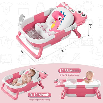 TPN Collapsible Baby Bathtub, Baby Bath Tub with Soft Cushion & Real-Time Thermometer, Baby Bathtub Infant to Toddler Tub (0-36 Months), Portable Travel Baby Tubs for Newborns (Pink)