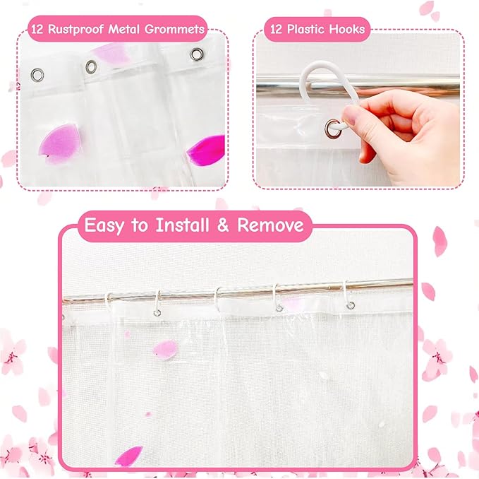 Clear Pink Floral Shower Curtain Liner, Cute Plastic Transparent Cherry Blossom Shower Curtain, Girly Flower Petals Spring Shower Curtains for Bathroom, 72x78 Shower Curtain Set with Magnets 12 Hooks