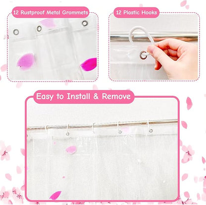 Clear Pink Floral Shower Curtain Liner, Cute Plastic Transparent Cherry Blossom Shower Curtain, Girly Flower Petals Spring Shower Curtains for Bathroom, 72x78 Shower Curtain Set with Magnets 12 Hooks