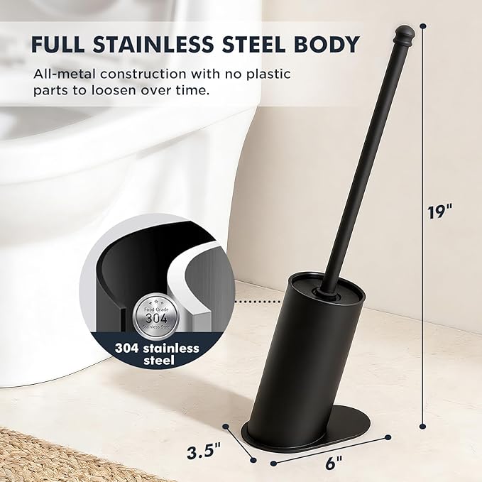 Toilet Brush and Holder Set, Stainless Steel Toilet Bowl Brush with 16.5" Long-Reach Handle, Tilted Canister with Concealed Brush Head & Anti-Splash Shield for Bathroom Cleaning, 1 Spare Head Included