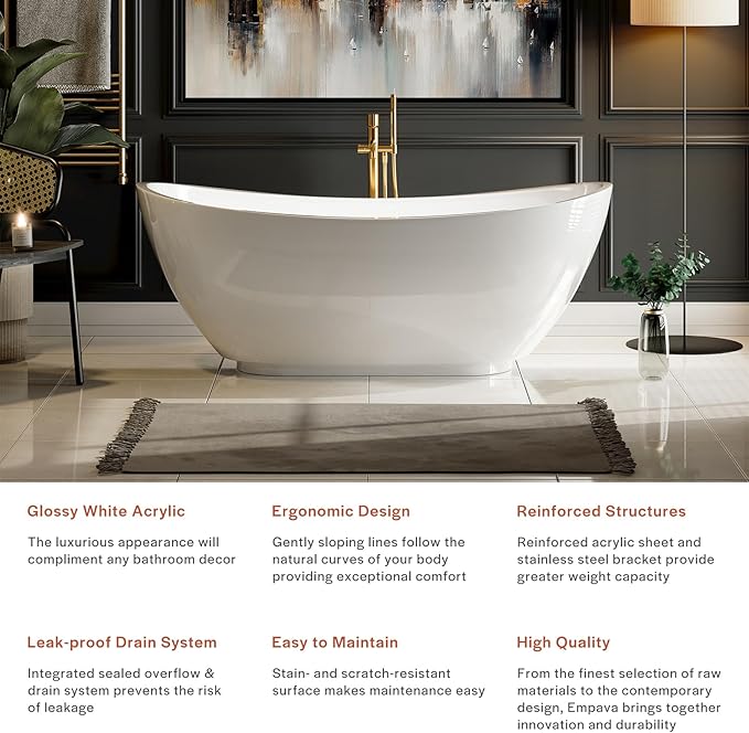 Empava 69 Inch Freestanding Bathtub - Acrylic Free Standing Soaking Tubs with Contemporary Design, White