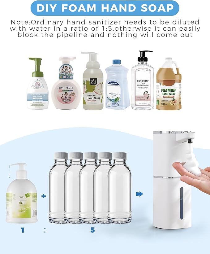 Automatic Foaming Soap Dispenser, 12.8oz Rechargeable, Adjustable Foam Levels, IPX5 Waterproof, Touchless & Wall/Tabletop Use for Kitchen Bathroom, White