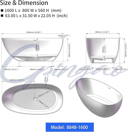 Cpingao 63" Stone Resin Freestanding Bathtub, Oval Solid Surface Contemporary Soaking Tub, Matte White Flatbottom Tubs with Overflow and Pop-up Drain, cUPC Certified 8848-1600