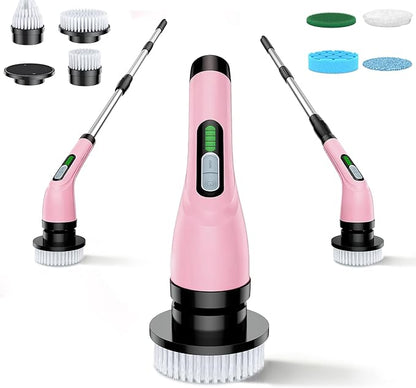 Electric Spin Scrubber - Cordless Bathroom Scrubber with 7 Brush Heads - Dual Speed IPX7 Waterproof Power Scrubber for Heavy-Duty Bathtub, Glass, Tile, and Car Cleaning (Pink)