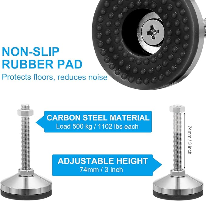 PATIKIL Furniture Leveling Feet 2.4" Dia Base M12 Thread, 4 Pcs Carbon Steel Adjustable Threaded Furniture Levelers Screw on Leg Leveler with Pads for Desk Chair Cabinet, Black/Silver