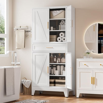 Metal Storage Cabinet with Drawer, 71" Tall Storage Cabinets with Adjustable Shelves, White Farmhouse Freestanding Kitchen Pantry Cabinet for Dining Room, Living Room