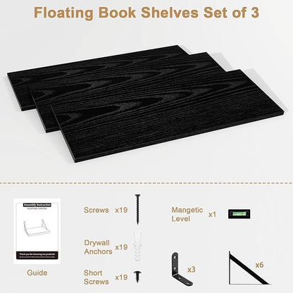 Fun Memories Long Wall Shelves for Bedroom, Set of 3 Large 40-Inch Floating Bookshelves, Rustic Wood Display Shelf for Home and Office (Black)