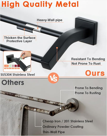 Alise Double Bath Towel Bars Towel Racks for Bathroom,Wall Mount Towel Holder Heavy Duty 16-Inch Towel Hanger Rail,SUS304 Stainless Steel Matte Black