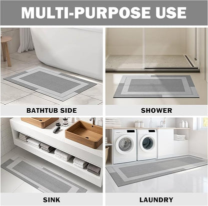 Non Slip Bath Mat, Rubber Backing Ultra Thin Bathroom Rugs Fit Under Door Quick Dry Super Absorbent Washable Bath Rug Shower Mat for Bathroom Floor Bathtub Shower Sink, Easy Care Gray 16"x 24"