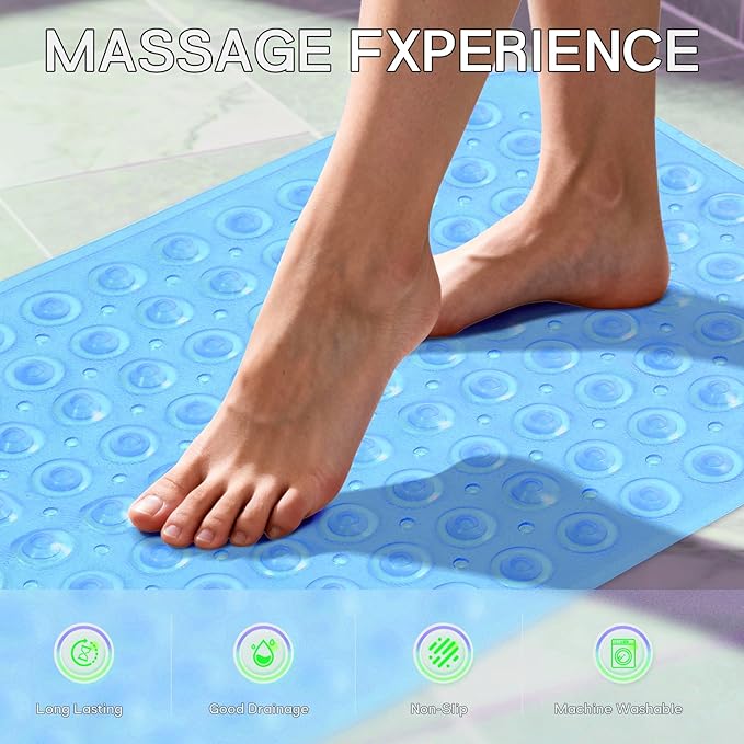 Anti-Slip Bathtub Shower mat, 27.5×14.5（Approximately 70×37cm） inch Soft Oversized Machine Washable Non-Slip Bathtub mat with Drainage Holes, Bathroom Floor Suction Cup.（1-Clear Blue）
