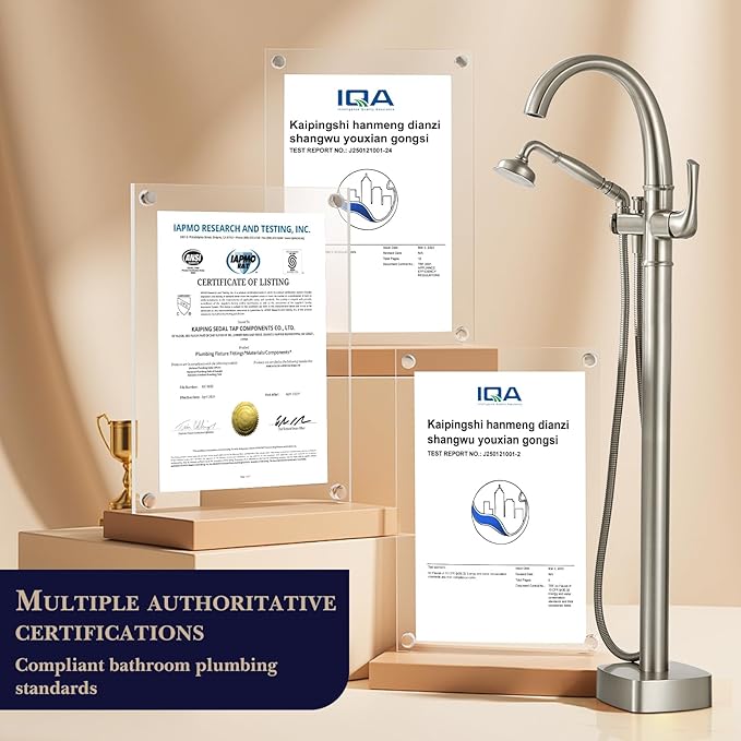 Free Standing Tub Faucet, Hanallx Luxury Brushed Nickel Freestanding Bathtub Faucet with Sprayer, Premium Brass High Flow Rate Floor Mount Tub Filler Swivel Spout, Roman Tub Faucet Set（HM88011-BN）