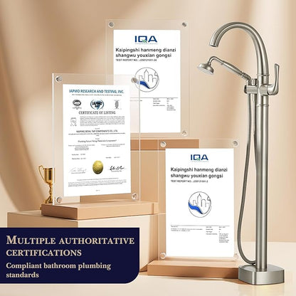 Free Standing Tub Faucet, Hanallx Luxury Brushed Nickel Freestanding Bathtub Faucet with Sprayer, Premium Brass High Flow Rate Floor Mount Tub Filler Swivel Spout, Roman Tub Faucet Set（HM88011-BN）
