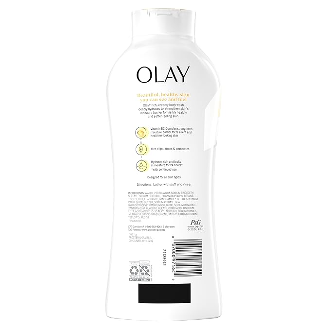 Olay Body Wash for Women, Ultra Moisture, 24hr Moisturizing, Hydrating & Refreshing, B3 Vitamin Complex, Free of Parabens & Phthalates, For All Skin Types, Shea Butter Scent, 22 fl oz (Pack of 2)