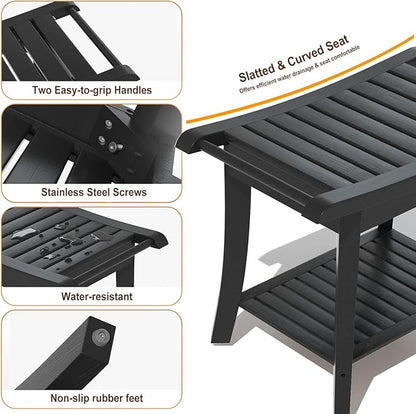 Bamboo Shower Stool Bench Waterproof with Storage Shelf for Shaving Legs or Spa Bath Seat in Bathroom & Inside Shower for Adults Seniors Elderly (24 x 13.4 x 18.5 inches+Black)