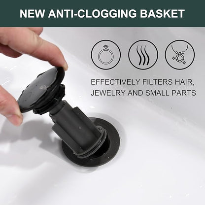 KENES Pop Up Bathroom Sink Drain with Overflow, Matte Black Pop Up Drain Stopper Anti Clog Pop Up Drain Stopper Lavatory Bathroom Vanity Sink Drain