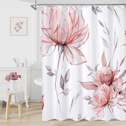 Extra Long Boho Watercolor Floral Shower Curtain 72 x 84, Red and Grey Ink Painting Style Flower Shower Curtains for Chic Elegant Bathroom, Artistic XL Fabric Cloth Shower Curtain
