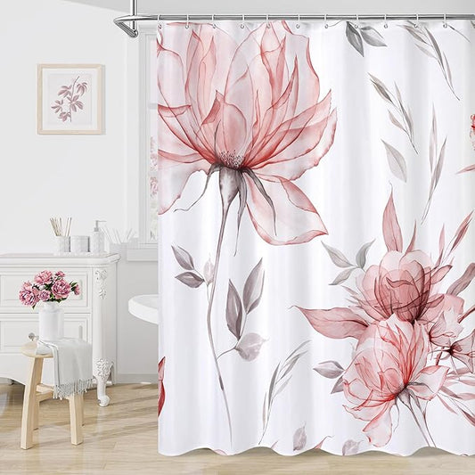 Red and Grey Boho Watercolor Floral Shower Curtain, Ink Painting Style Blossom & Leaf Shower Curtains for Chic Elegant Bathroom, Artistic Fabric Cloth Flower Shower Curtain, 72x72