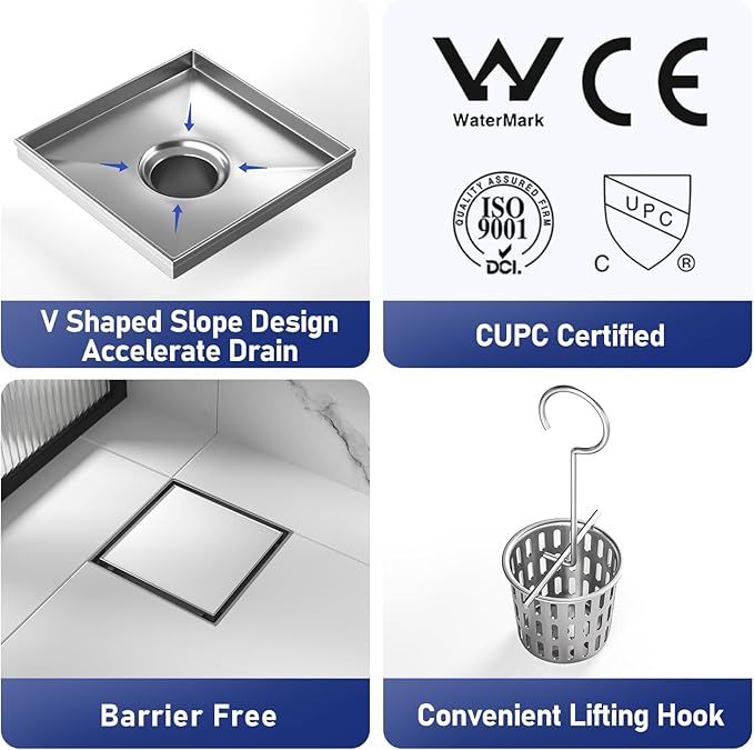 Square Shower Drain 8", Brushed Floor Drain with Tiled Insert Grate & Hair Strainer, 304 Stainless Steel Bathroom 2-in-1 Tiled in Drain, CUPC Certified (Brushed, 8'')