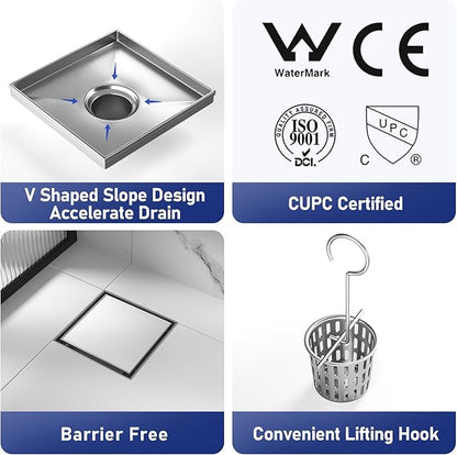 Square Shower Drain 8", Brushed Floor Drain with Tiled Insert Grate & Hair Strainer, 304 Stainless Steel Bathroom 2-in-1 Tiled in Drain, CUPC Certified (Brushed, 8'')