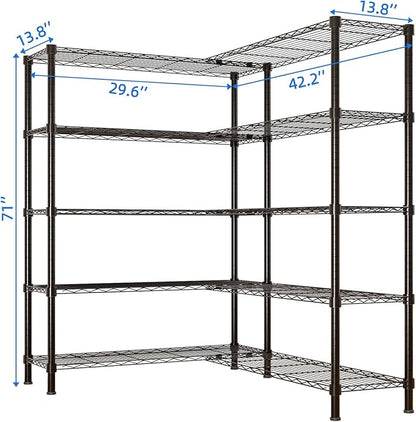 5 Tier Storage Racks Shelving, Heavy Steel Pantry Shelves, Adjustable Wire Shelving Rack, Suitable for Garage, Kitchens, Offices, 58" W x 13.8" D x 71" H, Black