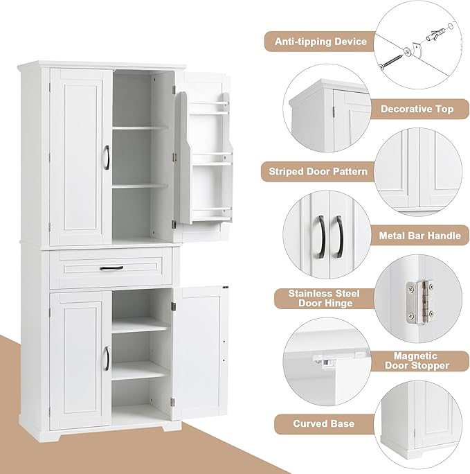 Favfurish 72" Tall Bathroom Storage Cabinet with Doors and Drawer,Modern Linen Cabinets w/Adjustable Shelves & Door Storage Rack,Freestanding Organizer for Bath Room,Study,Office,Kitchen White