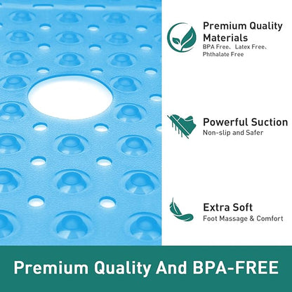 Large Square Shower Mat Non Slip 27x27 Inch, Square Bath Mat Tub Mat for Inside Shower Bathroom Floor, Shower Stall Mats With Big Suction Cup Drain Holes, Easy Washable, BPA-Free, Clear Blue