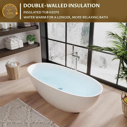 65 in Solid Surface Freestanding Bathtub, Contemporary Oval Shape Soaking Tub, Stone Resin Stand Alone Bathtub With Pop-Up Drain and Overflow, Cupc Certified,Matte White