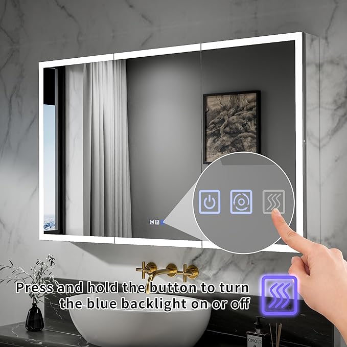 GroGro LED Lighted Bathroom Medicine Cabinet with Mirror,48" W x 30" H Medicine Cabinet with Lights,Surface or Recessed Mounting,Defog,Dimming,3-Color Temperature Adjustment