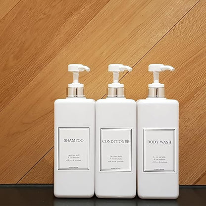 Modern Design Shampoo and Conditioner Dispenser, Large 27oz Shower Soap Dispenser, Set of 3 Refillable Empty Plastic Pump Bottles for Bathroom (6 Waterproof Labels Included), White & Silver