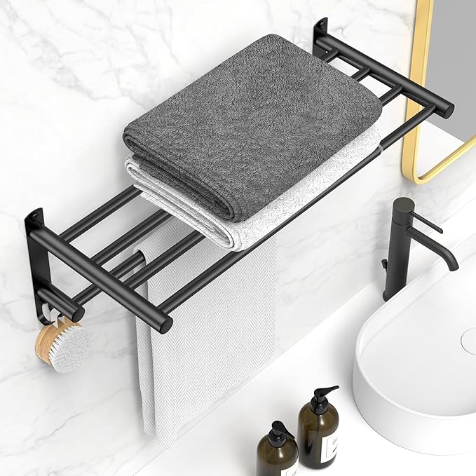 Black Adjustable Towel Bar for Bathroom Wall Mount17-30.7inch Adhesive Shower Towel Rack Stainless Steel Bath Towel Holders for Toilet Kitchen Double Towel Hanger (Black 2-Layer Towel Rack)