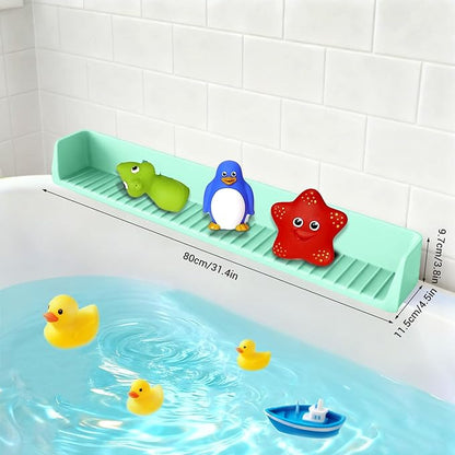 Splash Guard for Bathtub Kids, Longer Silicone Bathtub Splash Guard with 11 Suction Cups, Bath Tub Play Shelf for Kids & Toy Holder, Prevent Water Spill in Bathroom, Green