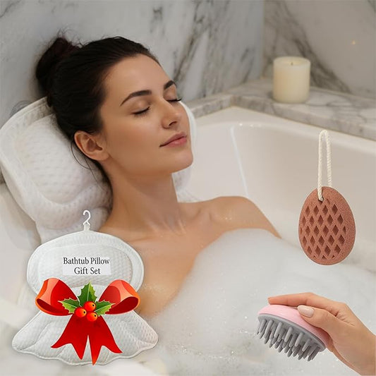 Bath Pillows for Tub, Bathtub Pillow Gift Set: 4D Air Mesh Cushion for Head & Neck, Spa Relaxing Accessories, Plus Bath Sponge & Scalp Massage Brush, Gift Bag