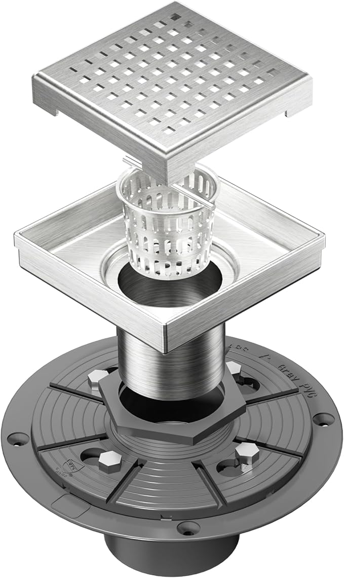 Neodrain 4-Inch Square Shower Drain with Removable Quadrato Pattern Grate, PVC Shower Drain Base and Rubber Gasket for Bathroom Floor Drain, Brushed 304 Stainless Steel, Includes Hair Strainer