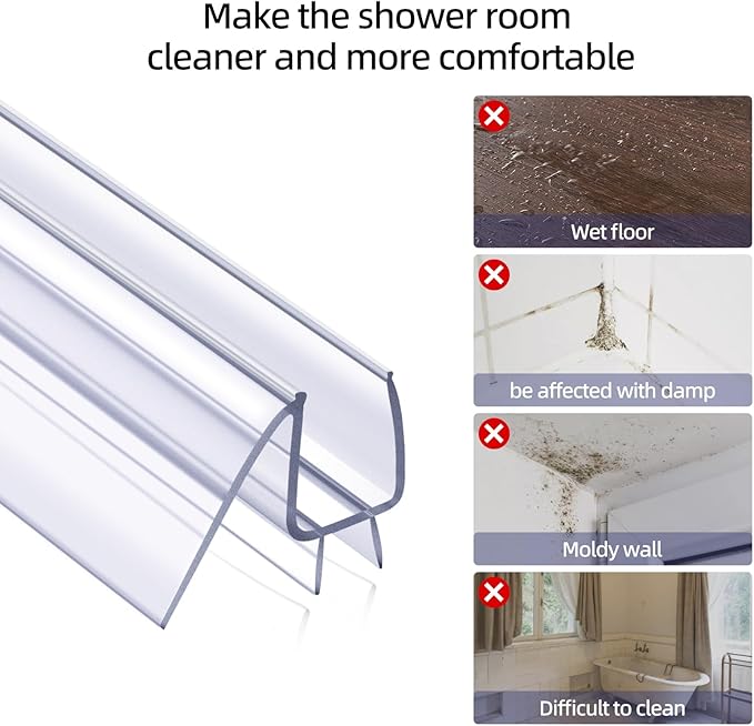 POZIA Shower Door Bottom Seal Frameless Glass Shower Door Seal Strip Clear Vinyl Durable Stop Shower Leaks and Create a Water Barrier Ultra Clear (2PACK-1/2in)