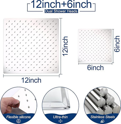 Shower System Dual Shower Heads with 12" Ceiling Mounted Rain Shower Head & 6" Wall Mounted Head Full Body Luxury Rain Shower System 3 Way Pressure Balance Valve Kit, Polished Chrome